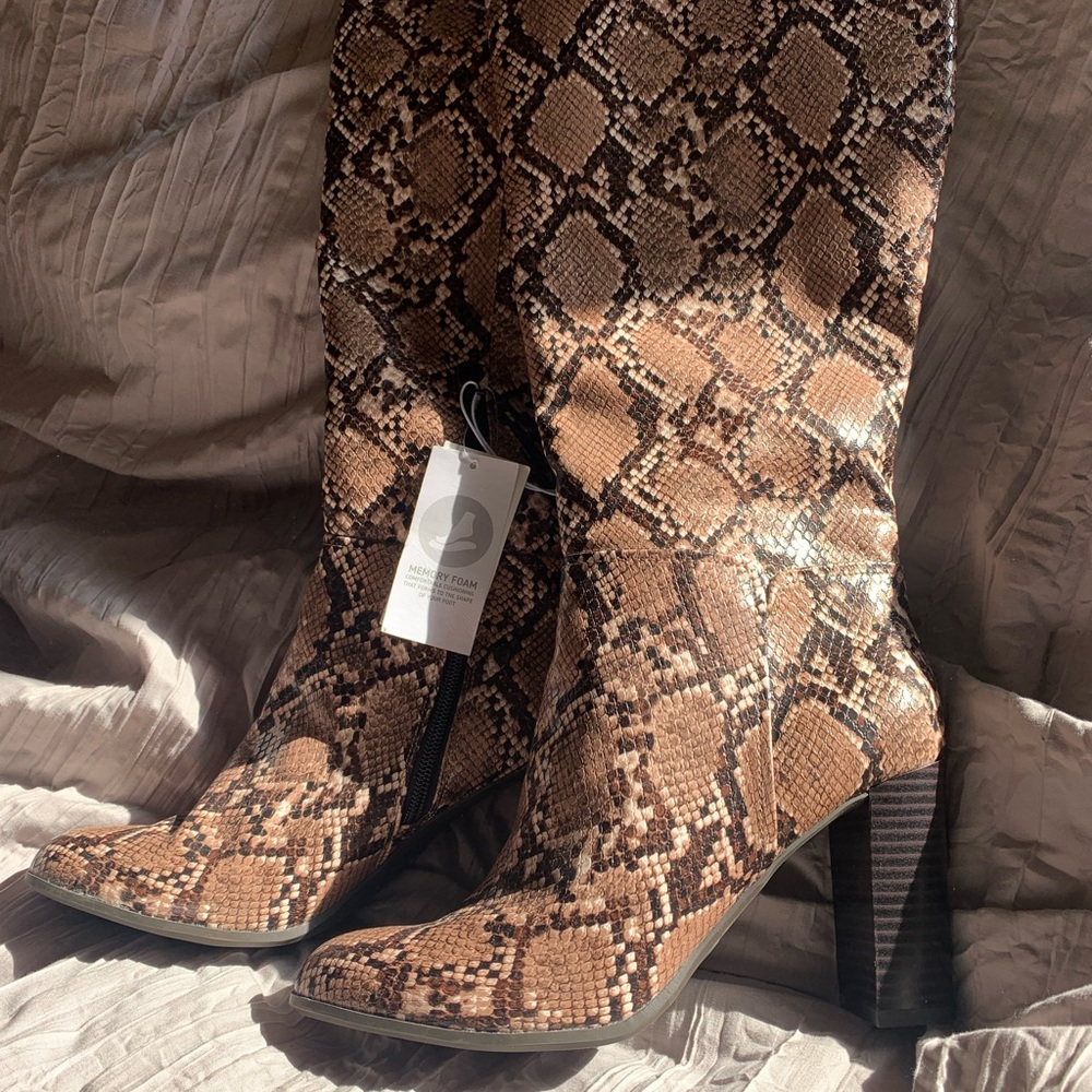 Neutral tan snakeskin knee high boots from target